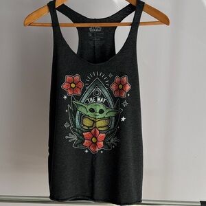 Star Wars Baby Yoda Charcoal Tank Top with Red Floral Design